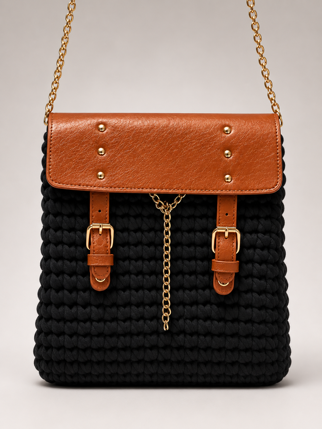 Black Crochet & Leather Chain-Detail Shoulder Bag
