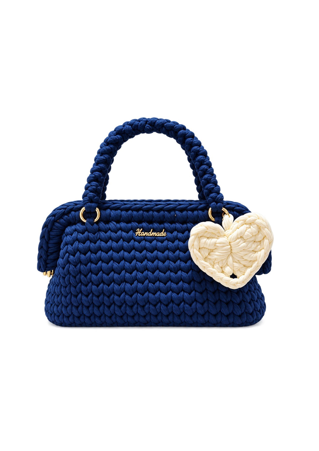 Navy Blue Crochet Heart-Charm Handbag