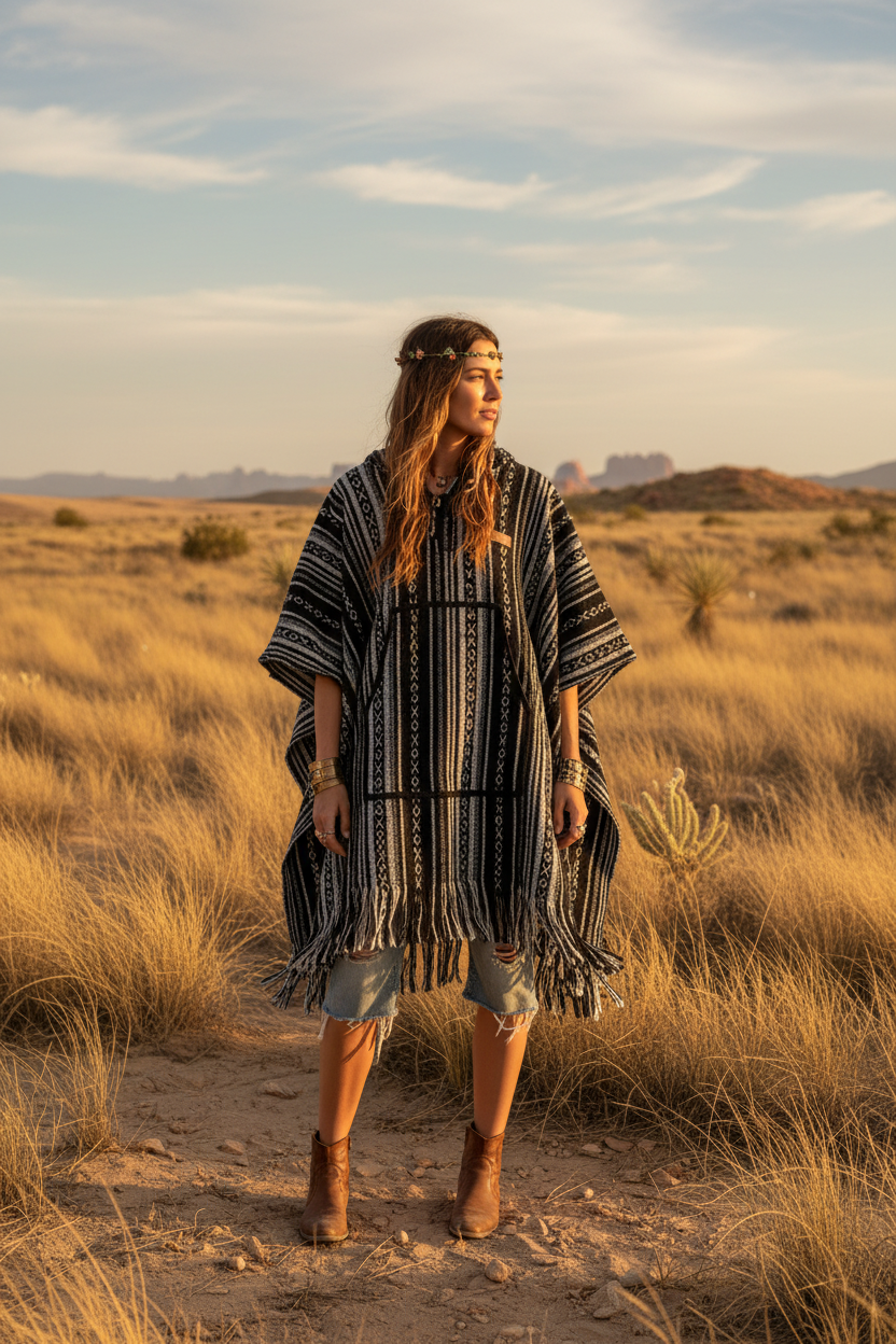 Black White Poncho Model