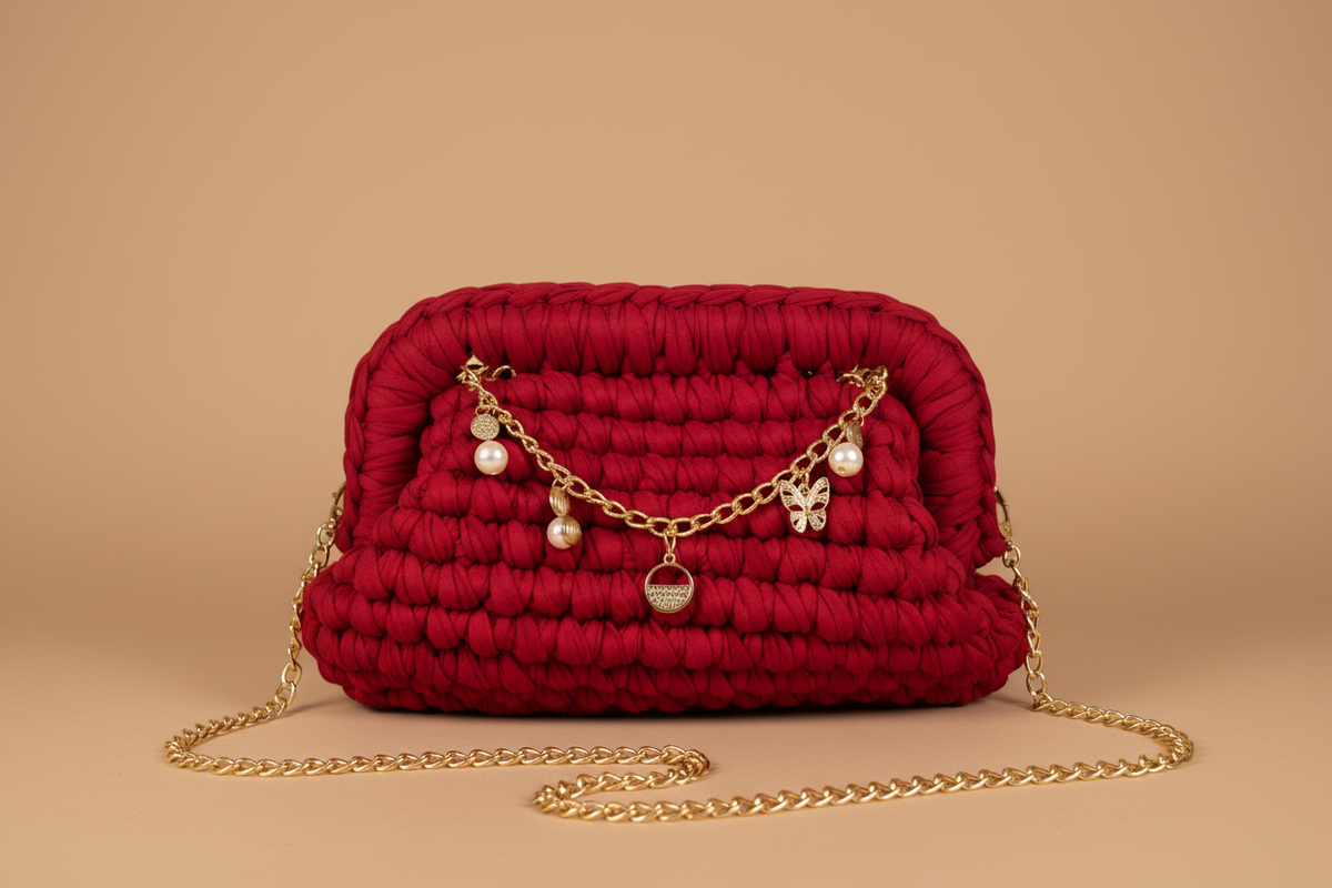 Clean studio hero image of the red padded shoulder bag