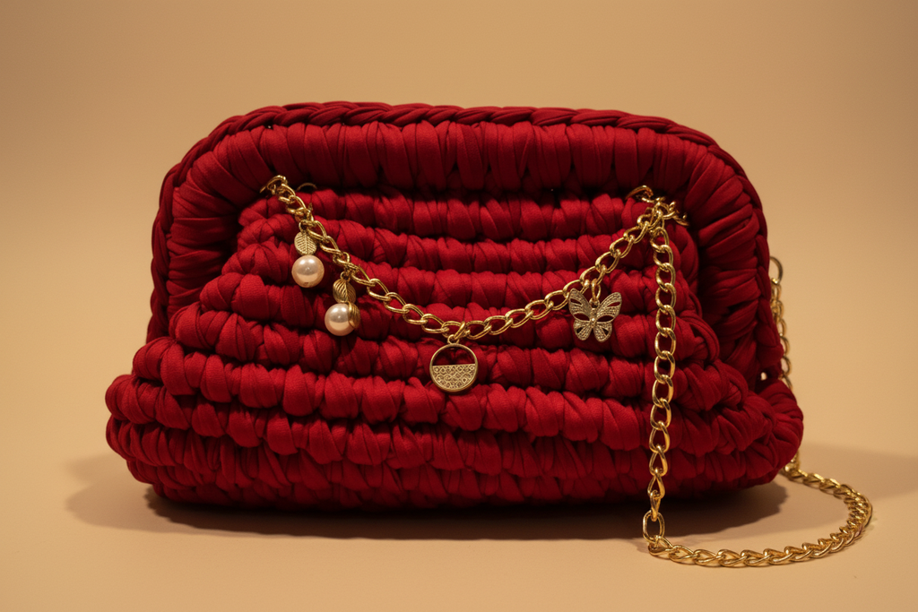 Close-up of the red padded texture, chain, and charms