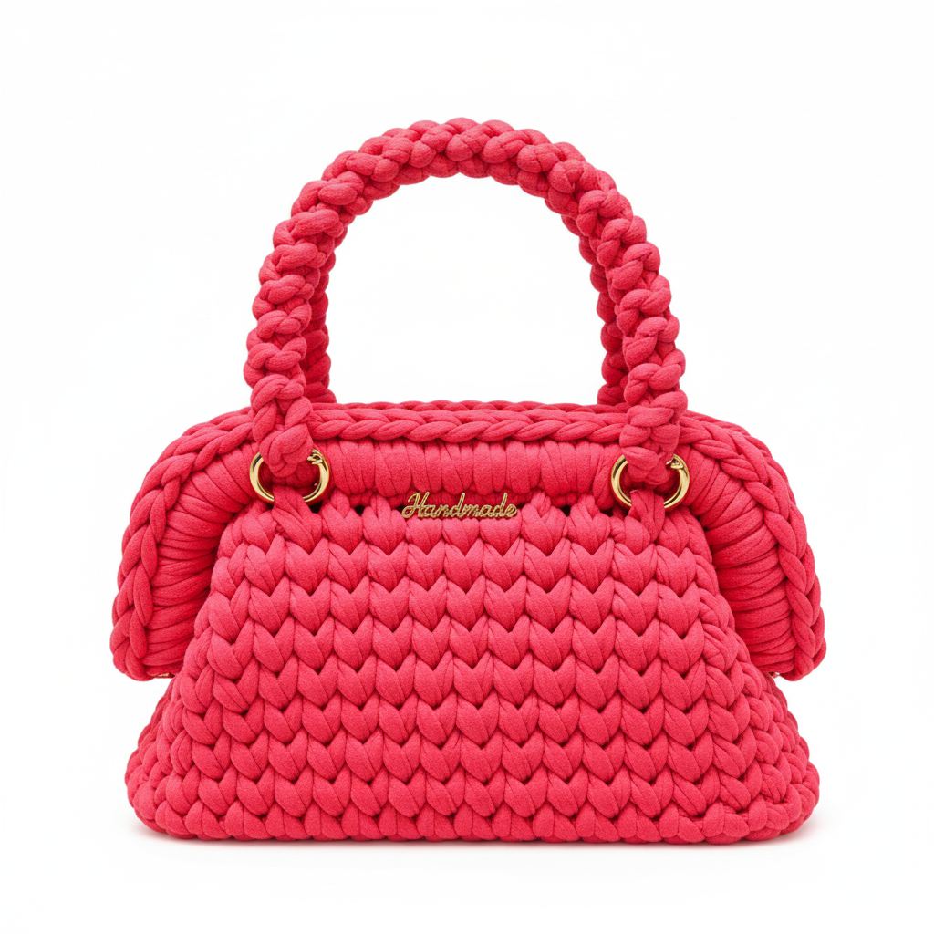 Close-up texture view of the pink woven handbag