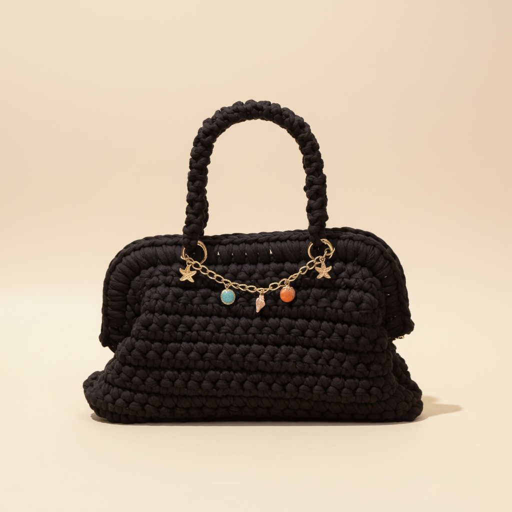 Front studio view of the black crochet charm-chain handbag