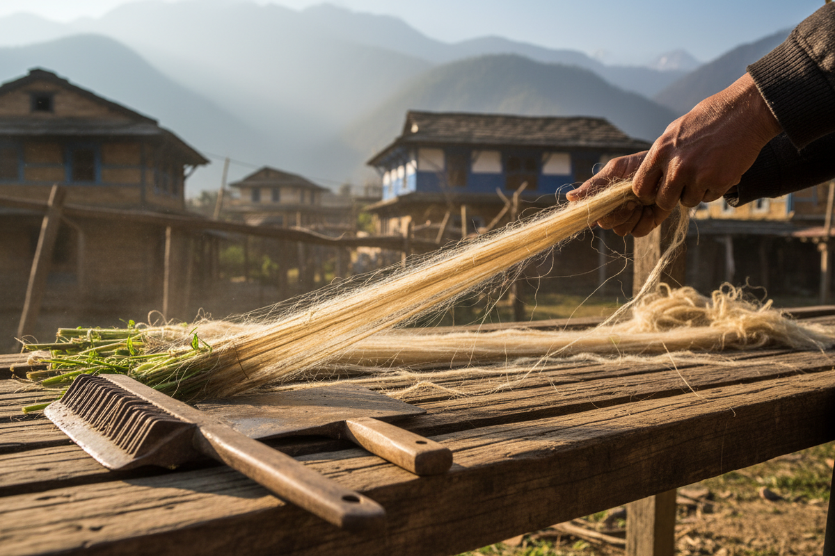 Hemp Fibre Processing Close-Up Nepal