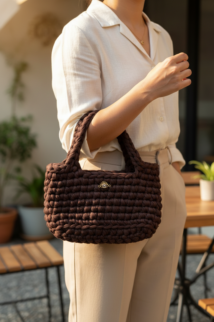Model carrying a chocolate-brown woven handbag by its braided top handles