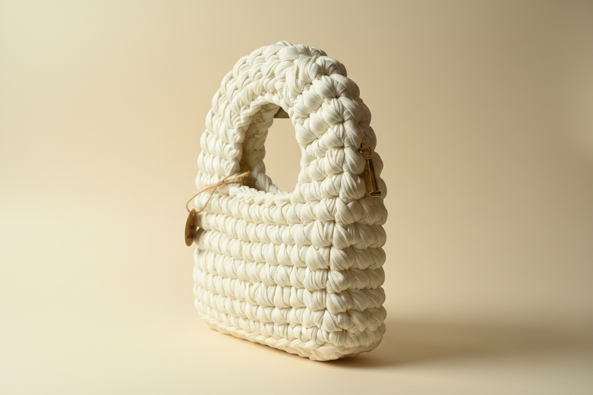 Side three-quarter view of an ivory-white handwoven handbag with gold-tone hardware
