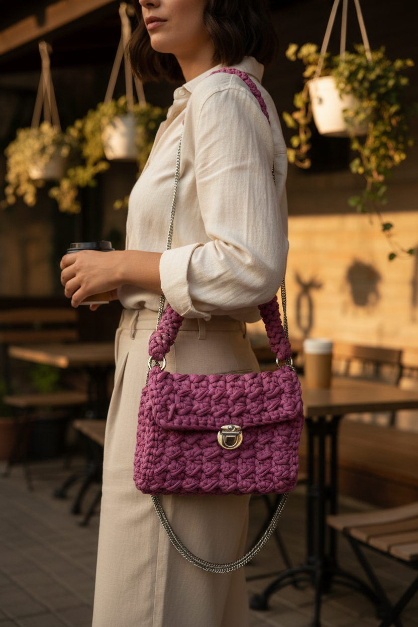 Model wearing a mauve woven shoulder bag with a long chain strap and gold-tone clasp