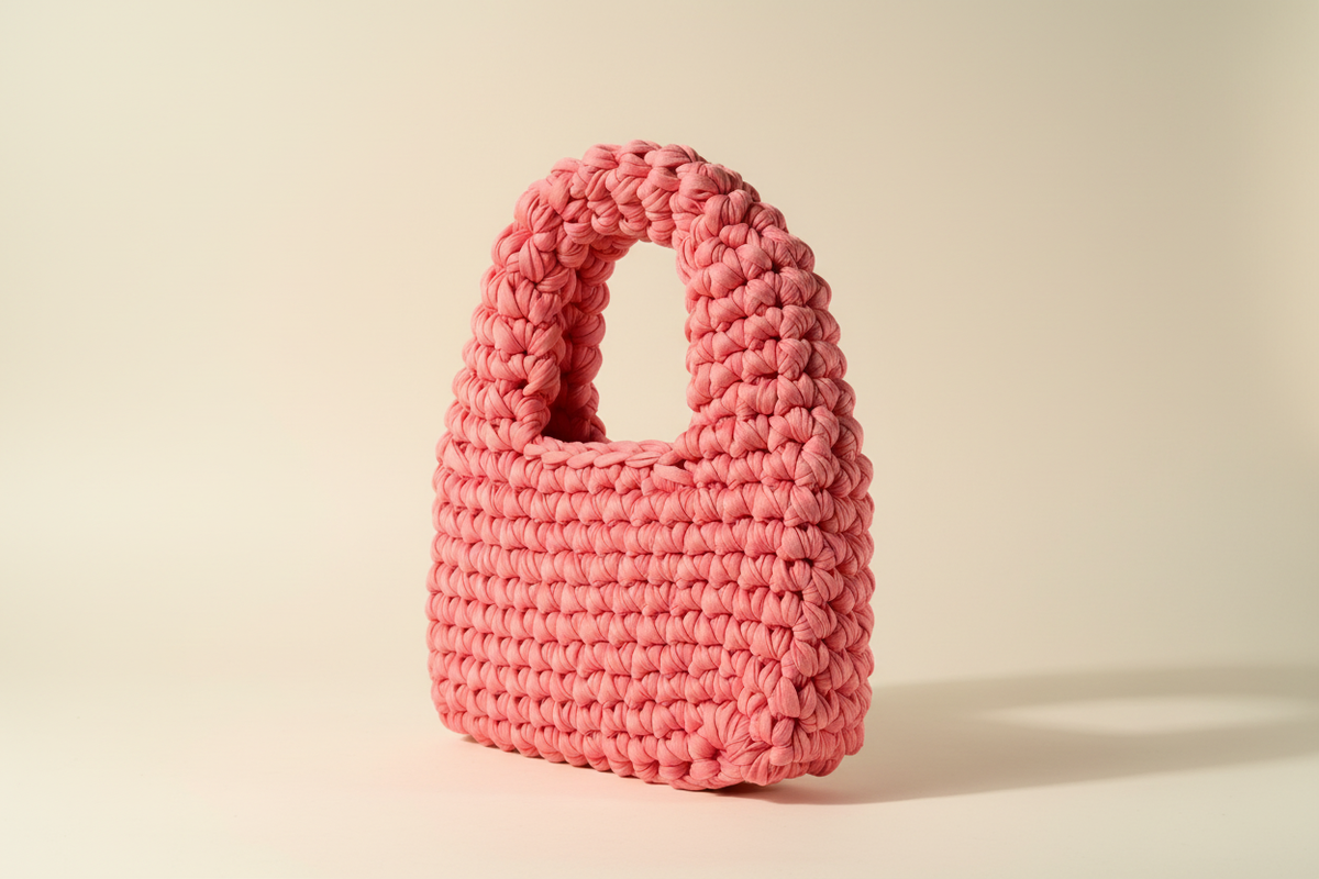 Front three-quarter view of a coral-pink woven handbag with a rounded top handle