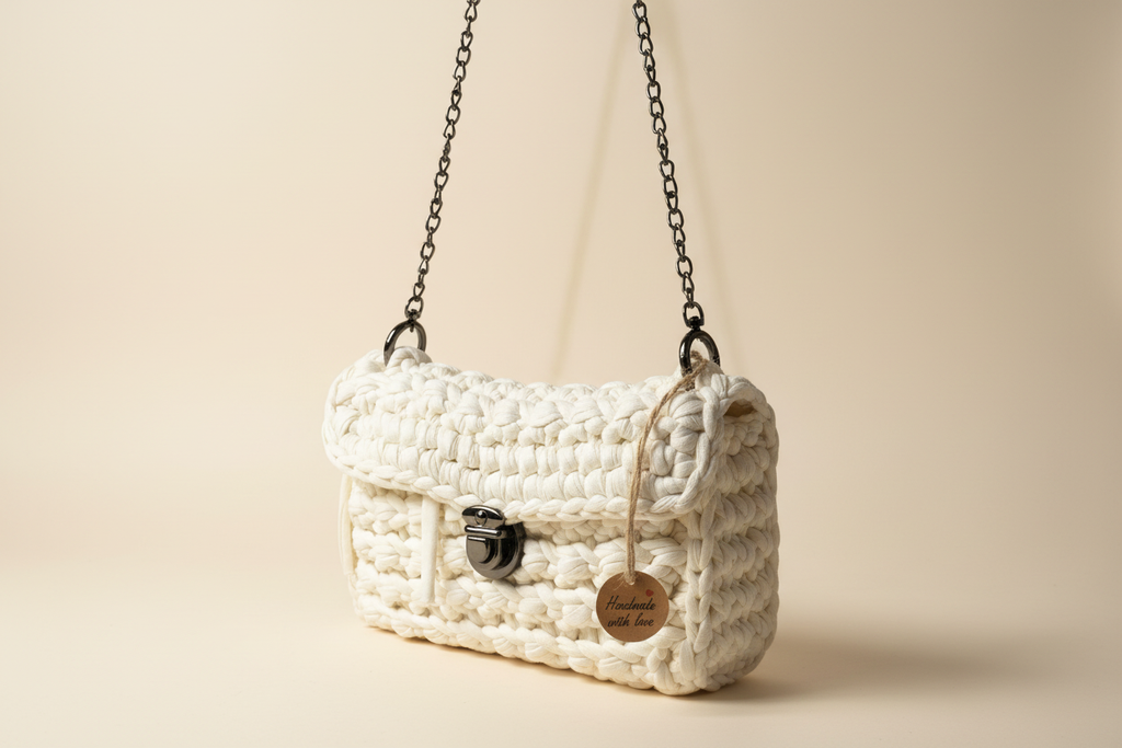 Front three-quarter view of an ivory-white woven flap handbag with a chain strap