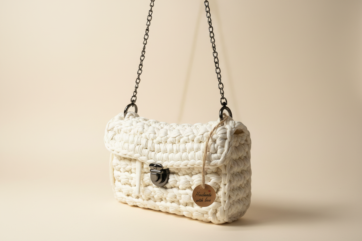 Front three-quarter view of an ivory-white woven flap handbag with a chain strap