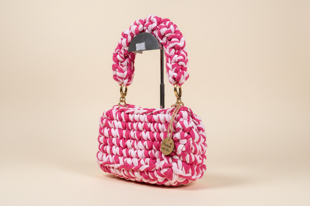 Front three-quarter view of a pink-and-white woven handbag