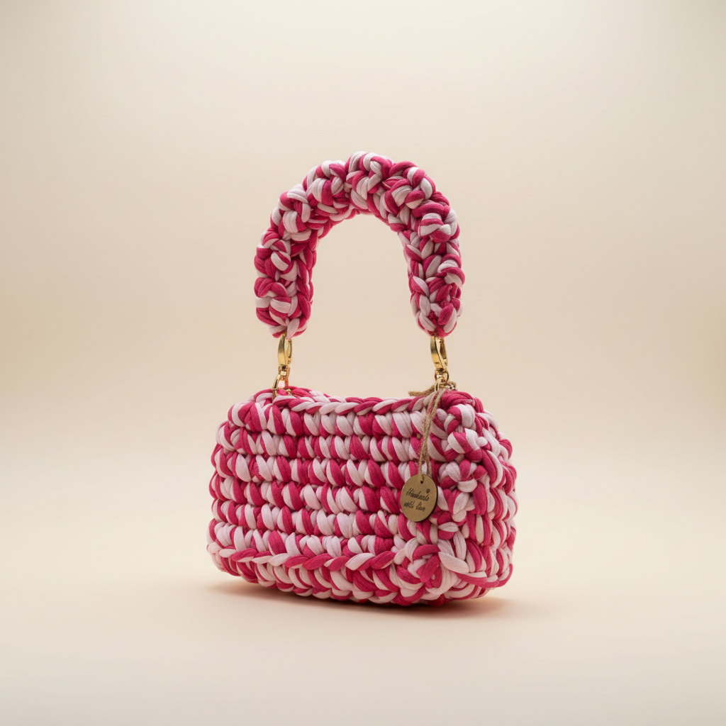 Pink and white woven handbag shown from a right three-quarter angle with braided handle and gold-tone hardware
