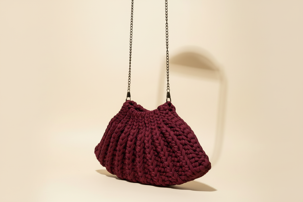 Rear three-quarter view of a burgundy crocheted shoulder bag with a long chain strap