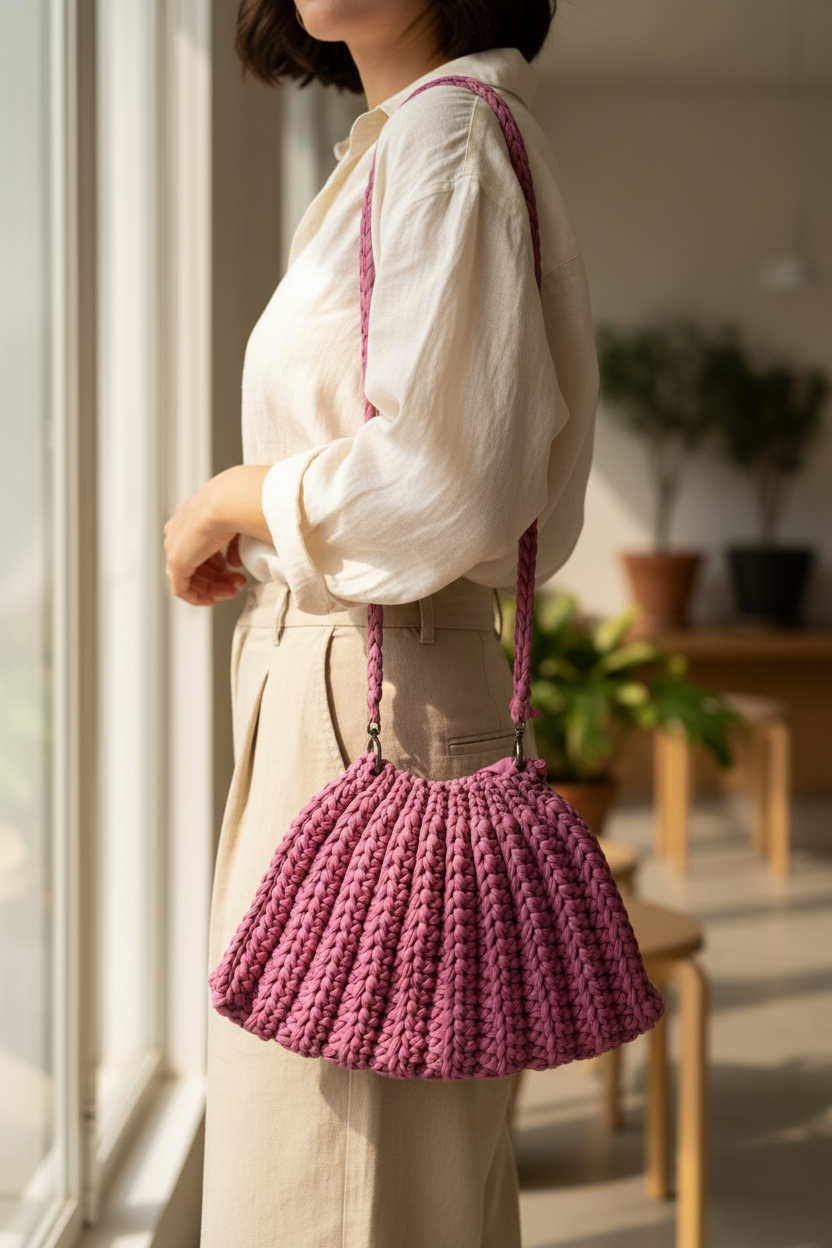 Model wearing a rose-pink woven shoulder bag with a flared silhouette and long matching strap