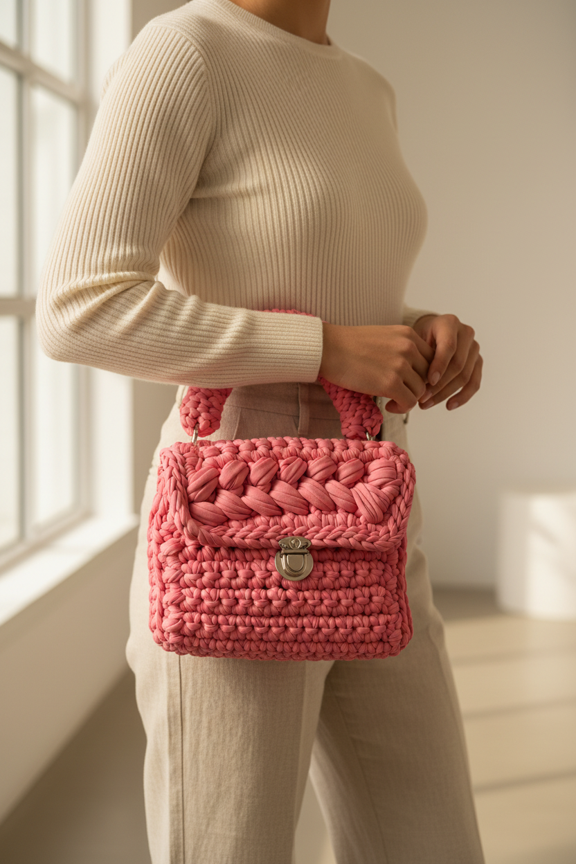 Model carrying a bright rose-pink woven handbag with a rounded handle, flap front, and silver-tone clasp