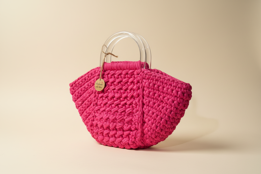 Front three-quarter view of a burgundy pleated shell-shaped woven bag with a chain strap