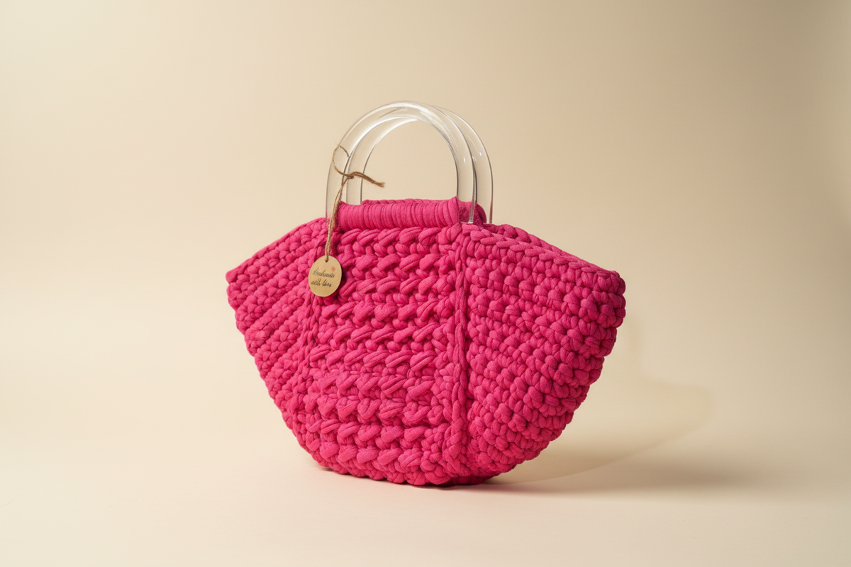 Front three-quarter view of a burgundy pleated shell-shaped woven bag with a chain strap