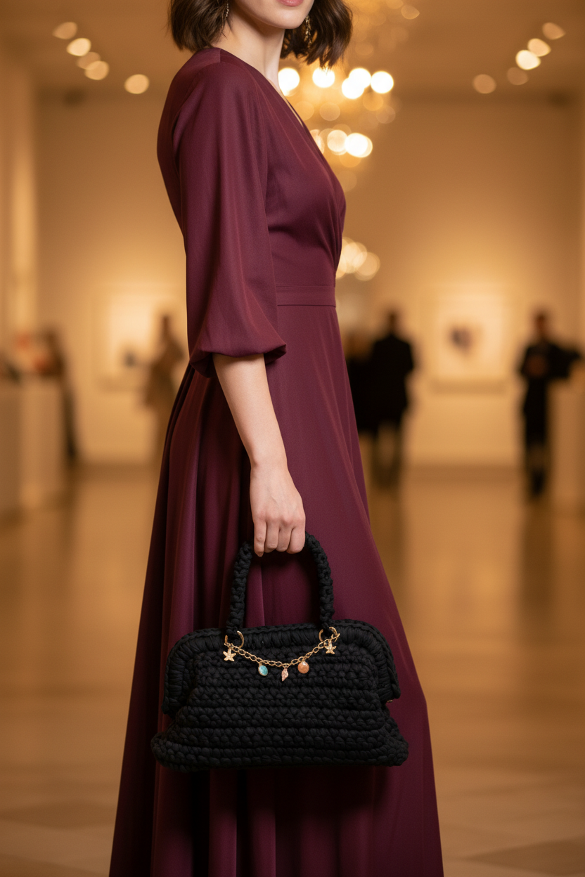 Adult model carrying the black crochet charm-chain handbag