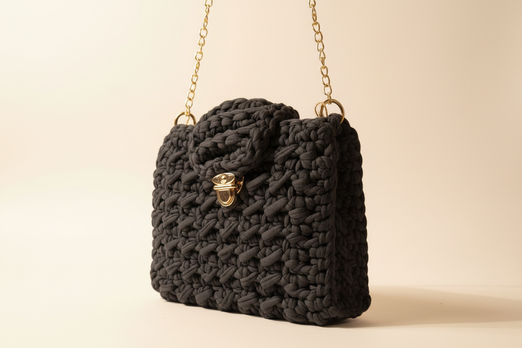 Front view of charcoal black woven shoulder bag