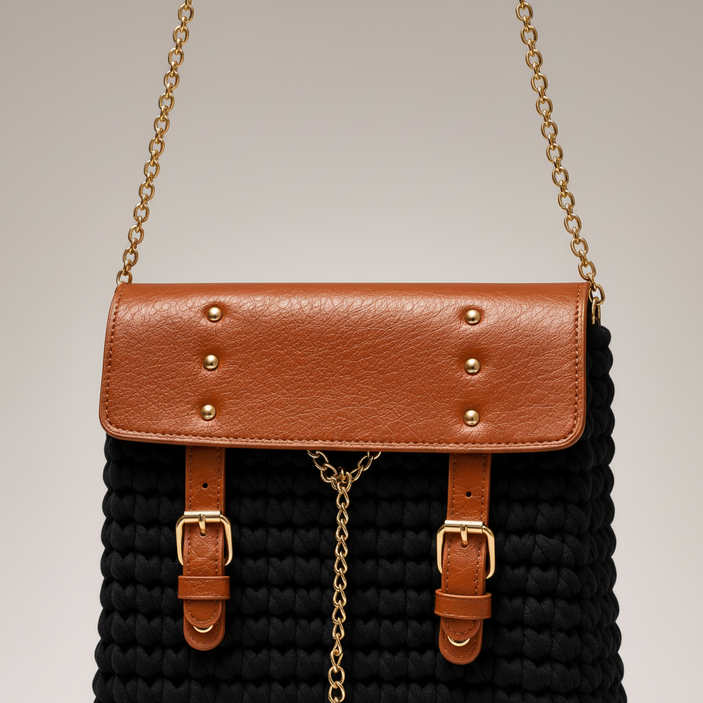 Close-up of the brown leather flap, gold-tone fasteners, and black crochet texture