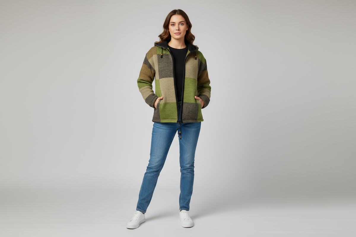 NZ wool jacket worn by a fashion model in a clean studio setting