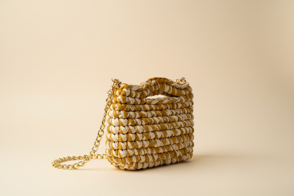 Side three-quarter view of a mustard-and-cream woven shoulder bag with a chain strap
