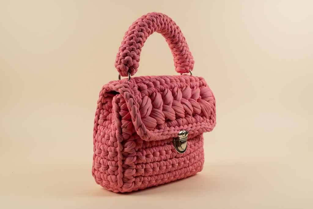 Side three-quarter view of a bright rose-pink woven handbag with a rounded handle, flap front, and silver-tone clasp