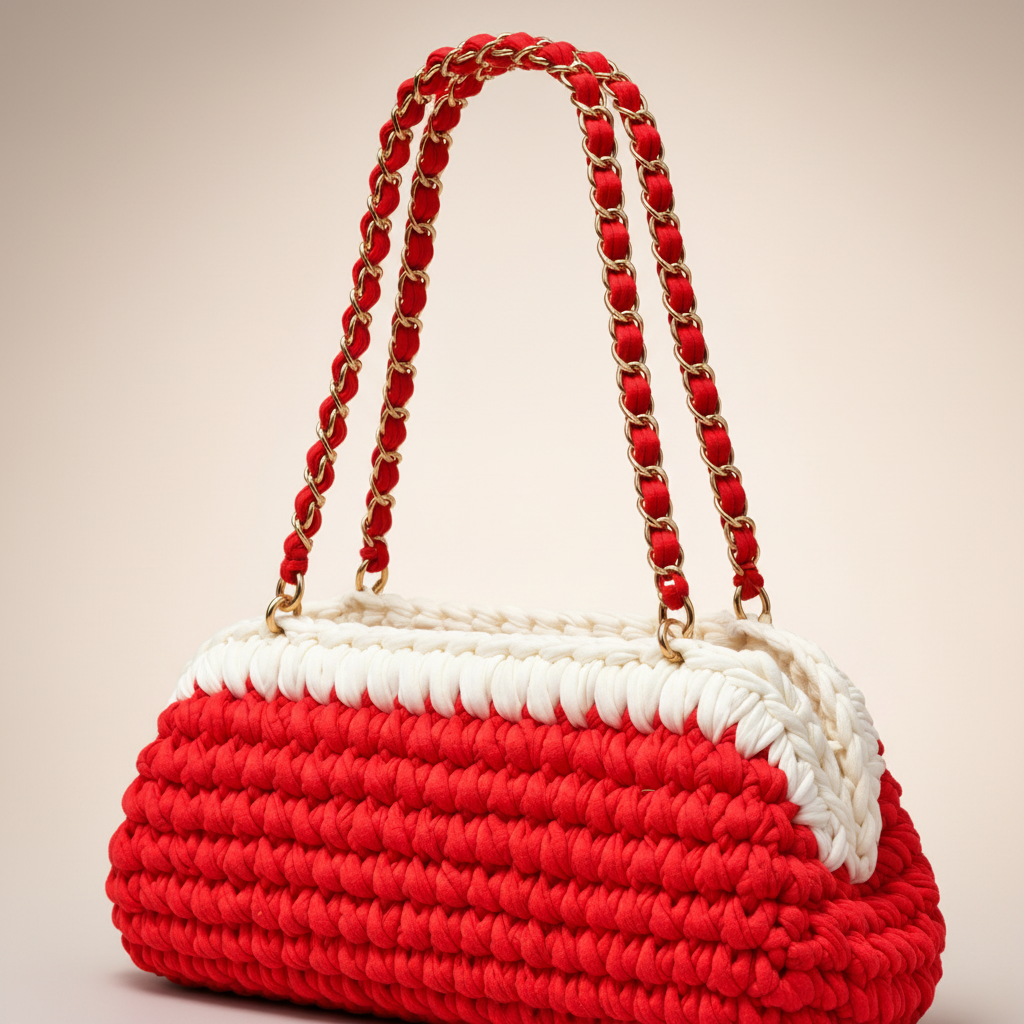 Close-up of the red and white crochet handbag