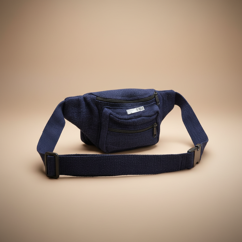 Side angle showing the strap and zip pockets of a navy hemp bump bag