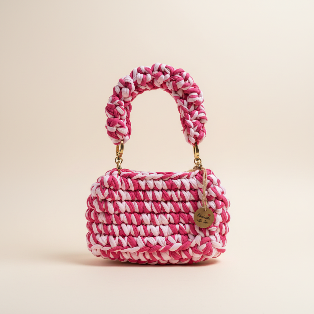 Detail view of the pink-and-white woven texture, braided handle, gold-tone hardware, and hanging tag