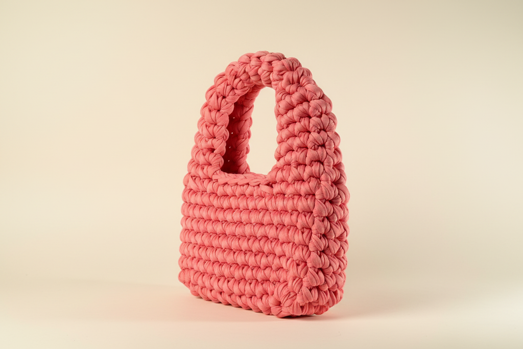 Side three-quarter view of a coral-pink woven handbag with a rounded top handle