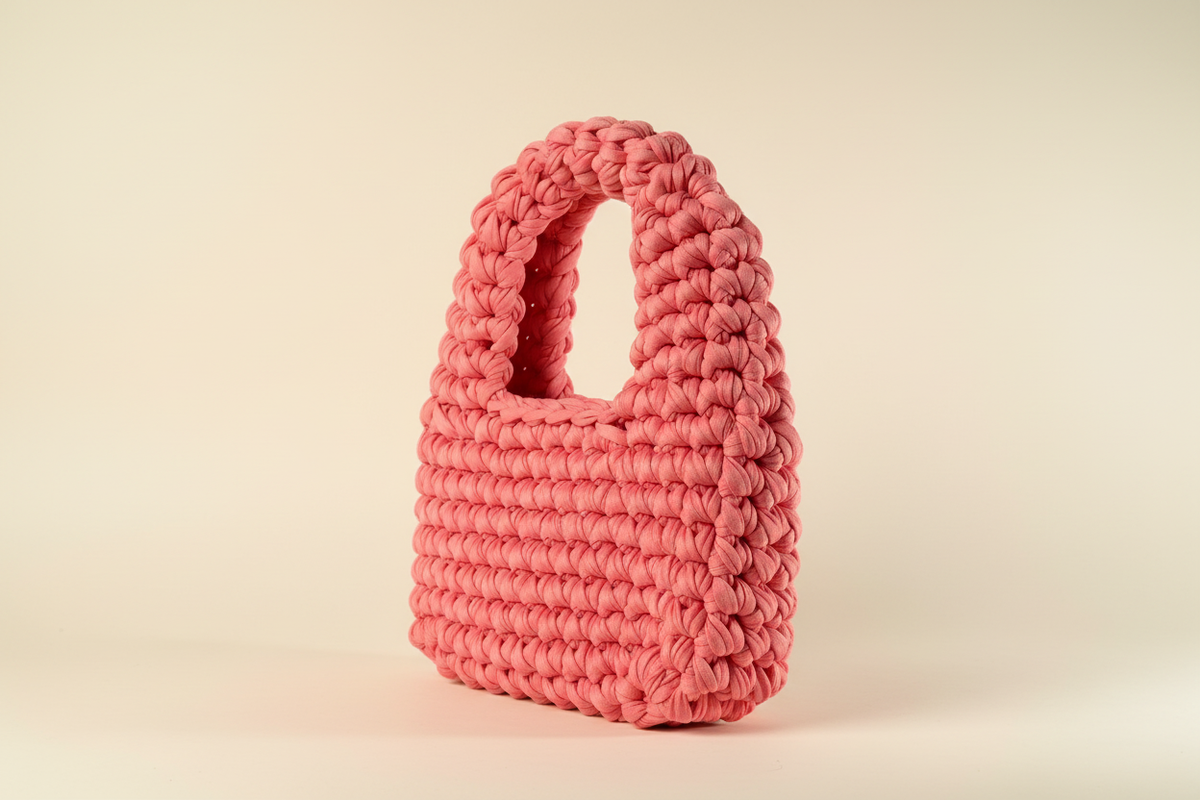 Side three-quarter view of a coral-pink woven handbag with a rounded top handle