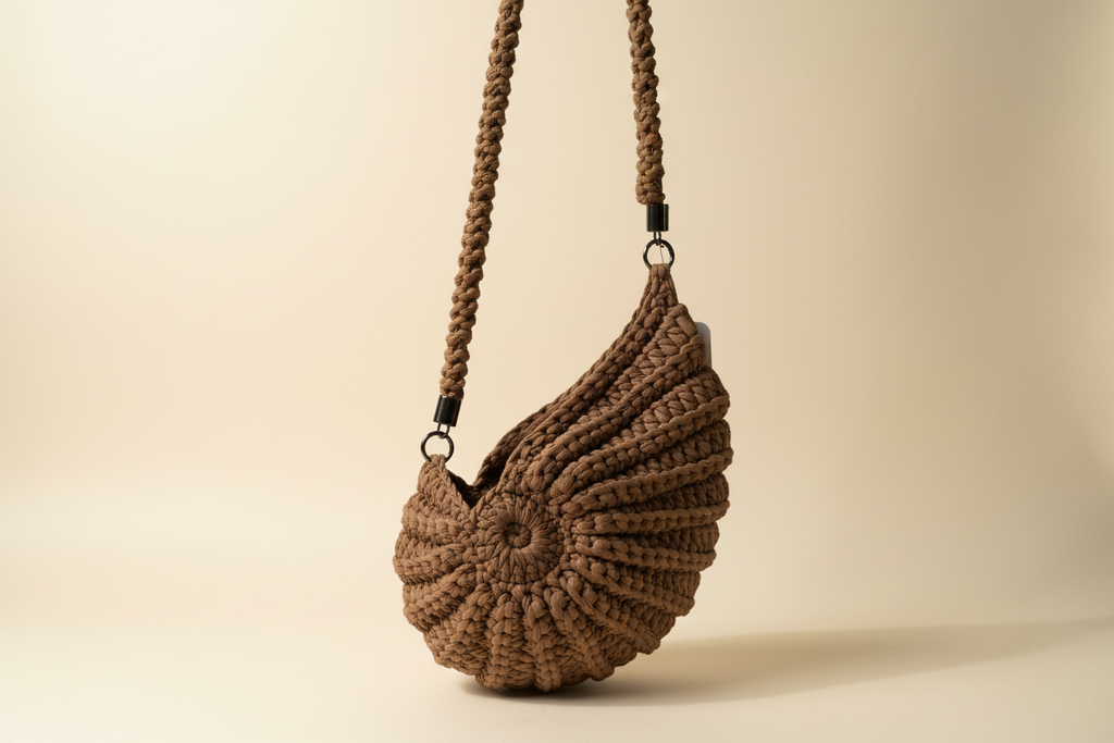 Side three-quarter view of an earth-brown shell-shaped woven shoulder bag