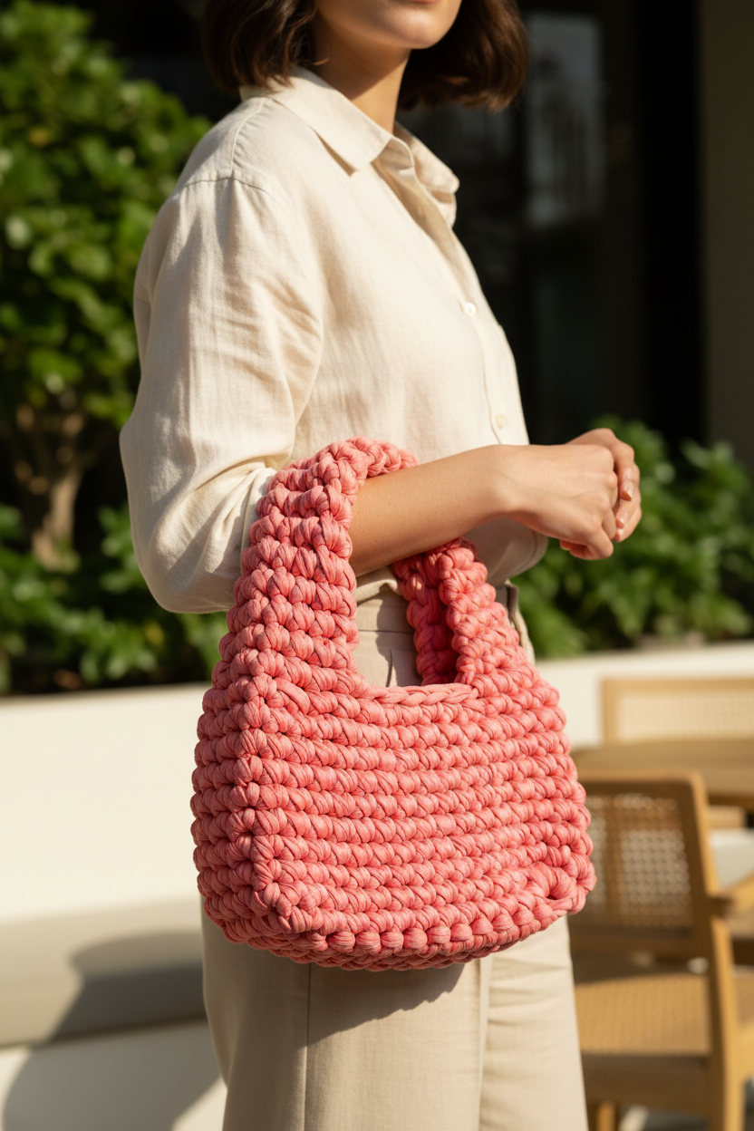 Model carrying a coral-pink woven handbag by its rounded top handle