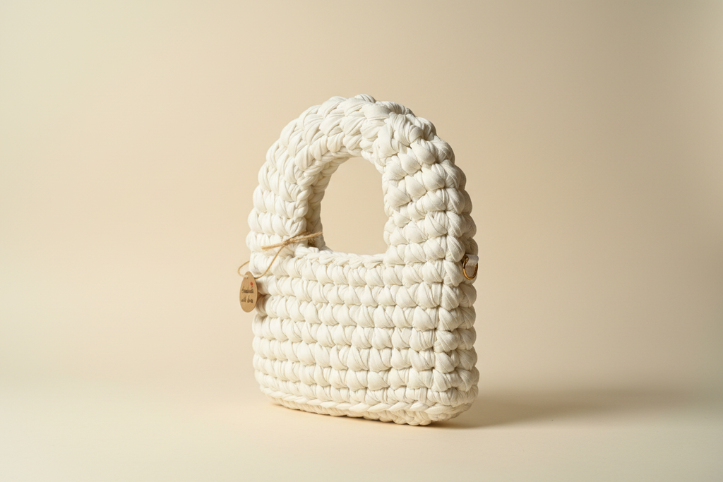 Front three-quarter view of an ivory-white handwoven handbag with a rounded top handle
