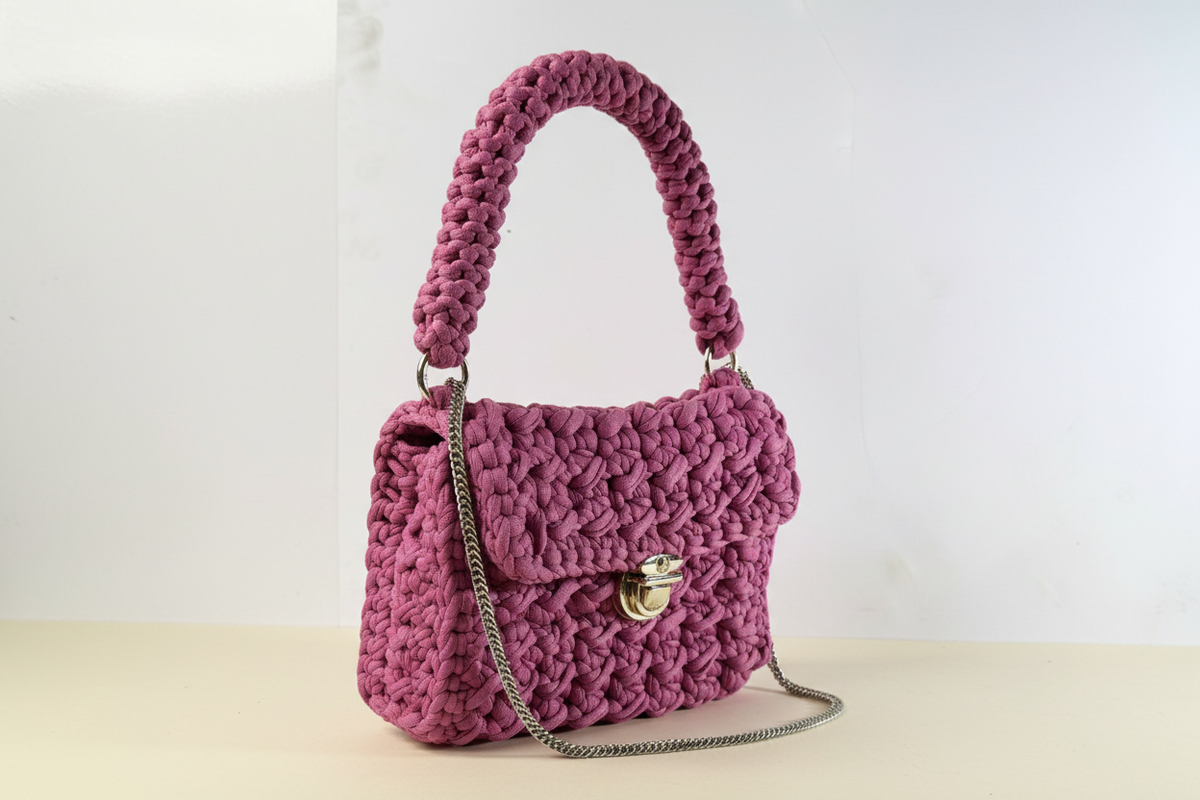 Front-right three-quarter view of a mauve woven shoulder bag with a chain strap and gold-tone clasp