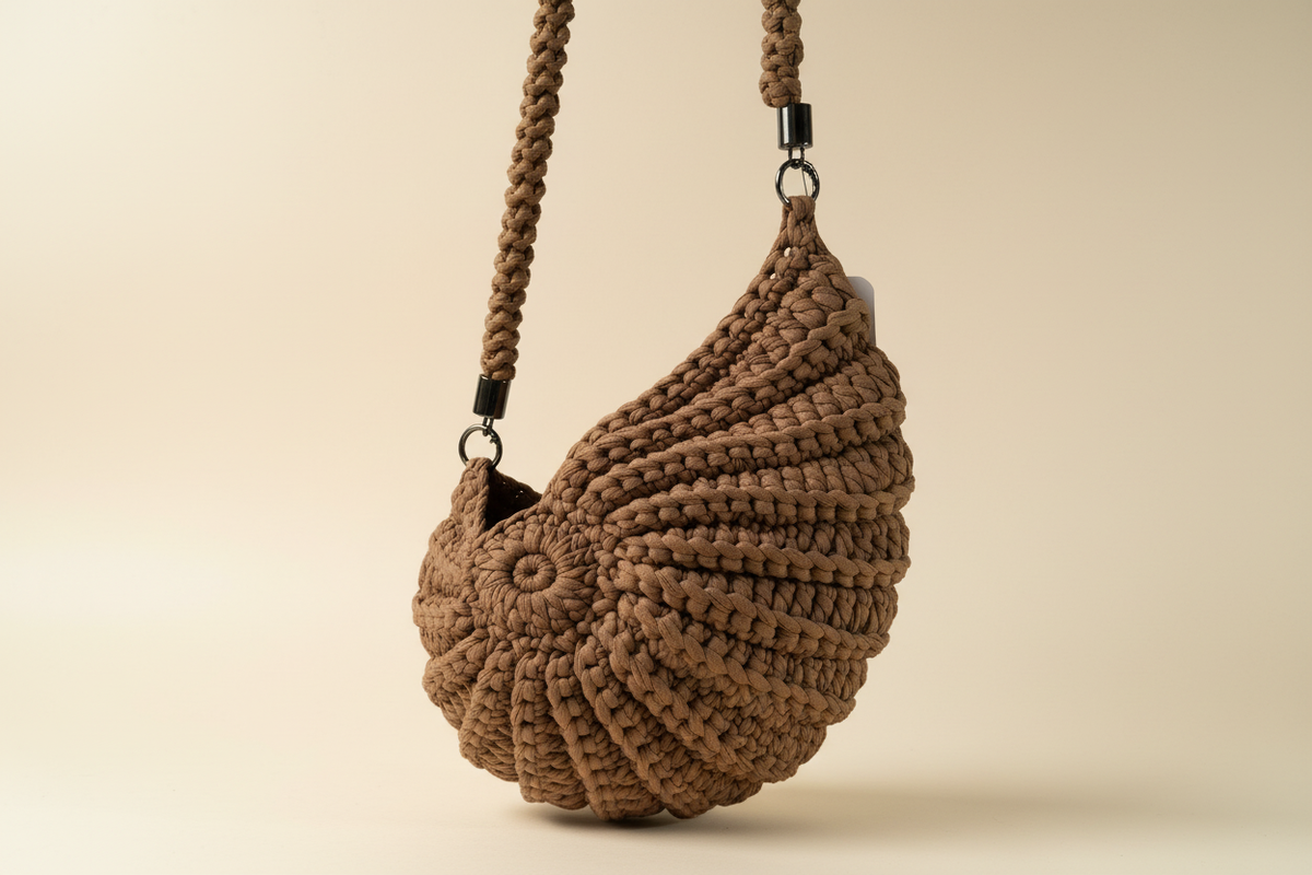 Front three-quarter view of an earth-brown shell-shaped woven shoulder bag