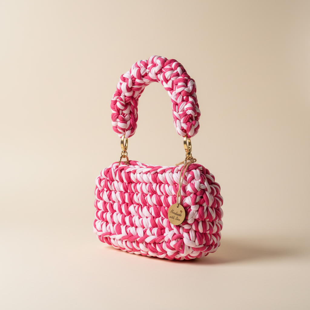 Pink and white woven handbag shown from a left three-quarter angle with braided handle and gold-tone hardware