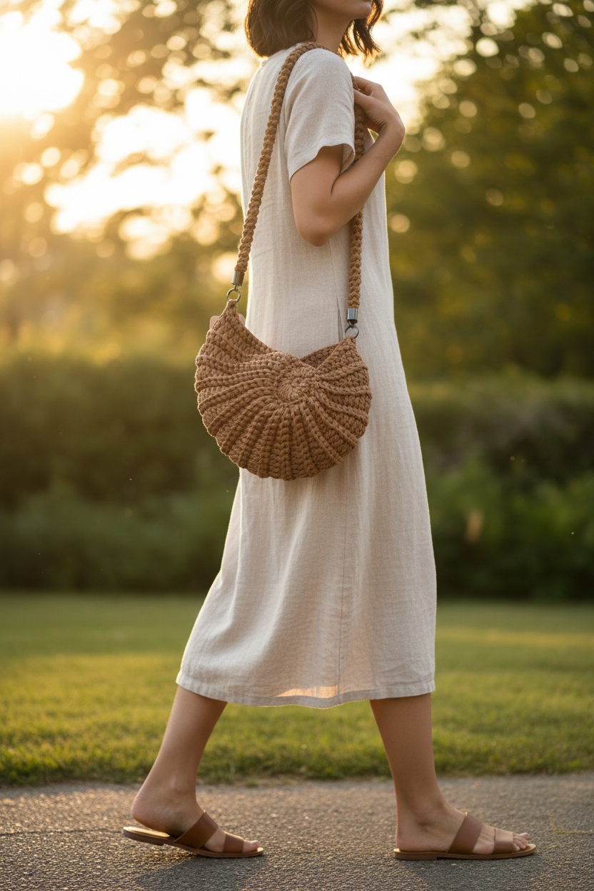Model wearing an earth-brown shell-shaped woven shoulder bag with a braided strap