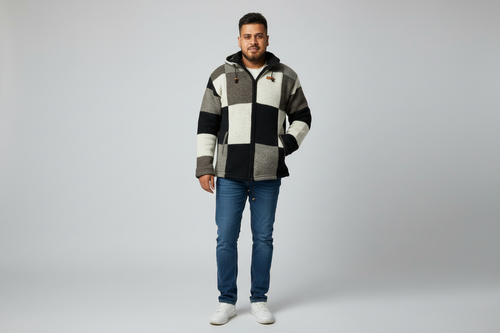 NZ wool jacket worn by a fashion model in a clean studio setting