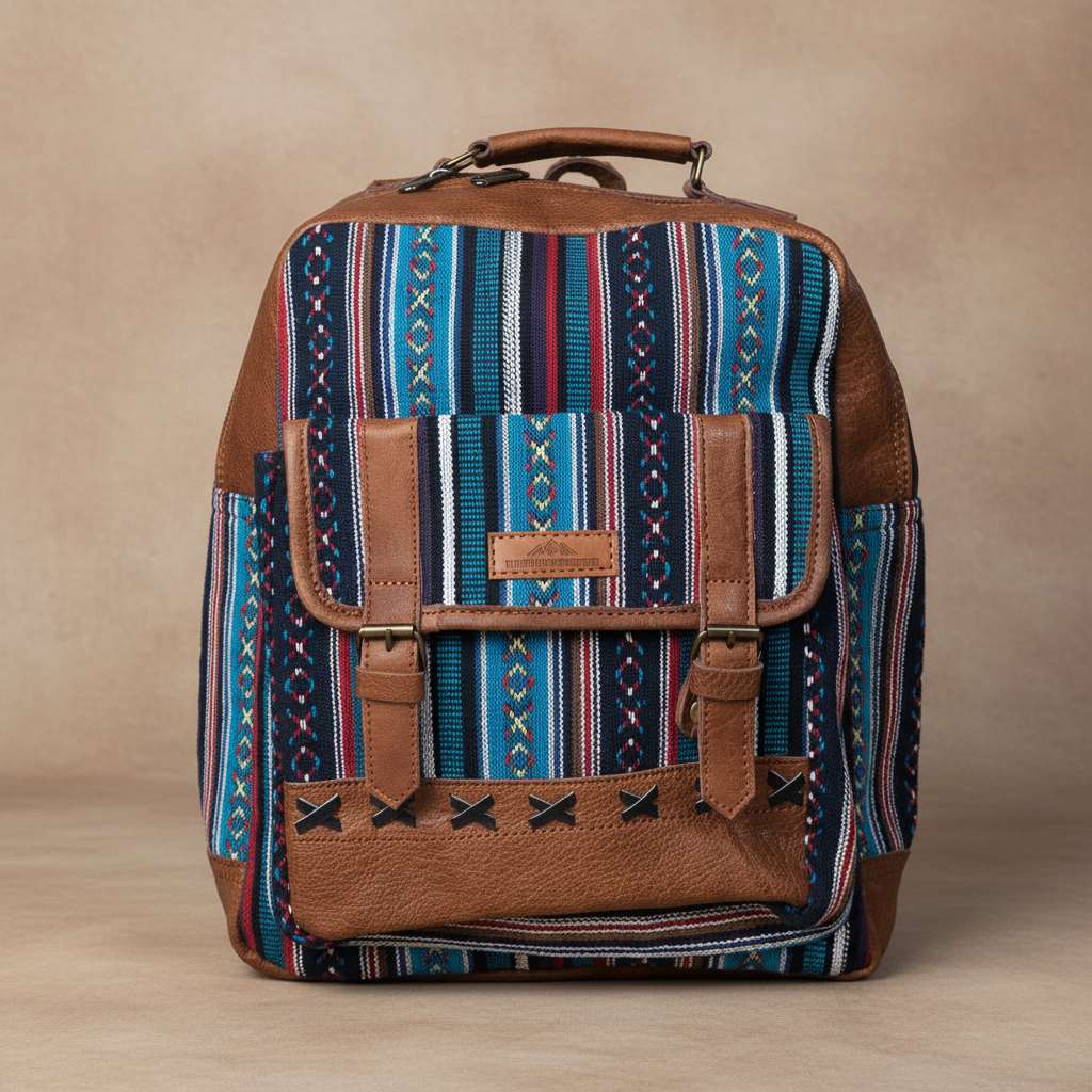 Close-up of the woven texture, leather trim, front pocket, and buckle straps