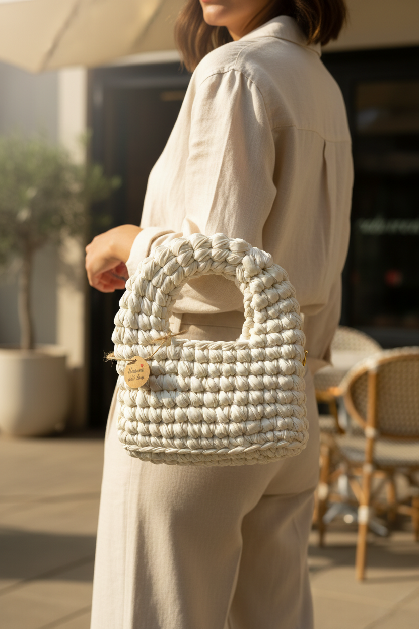 Model carrying an ivory-white handwoven handbag with a rounded top handle and handmade tag