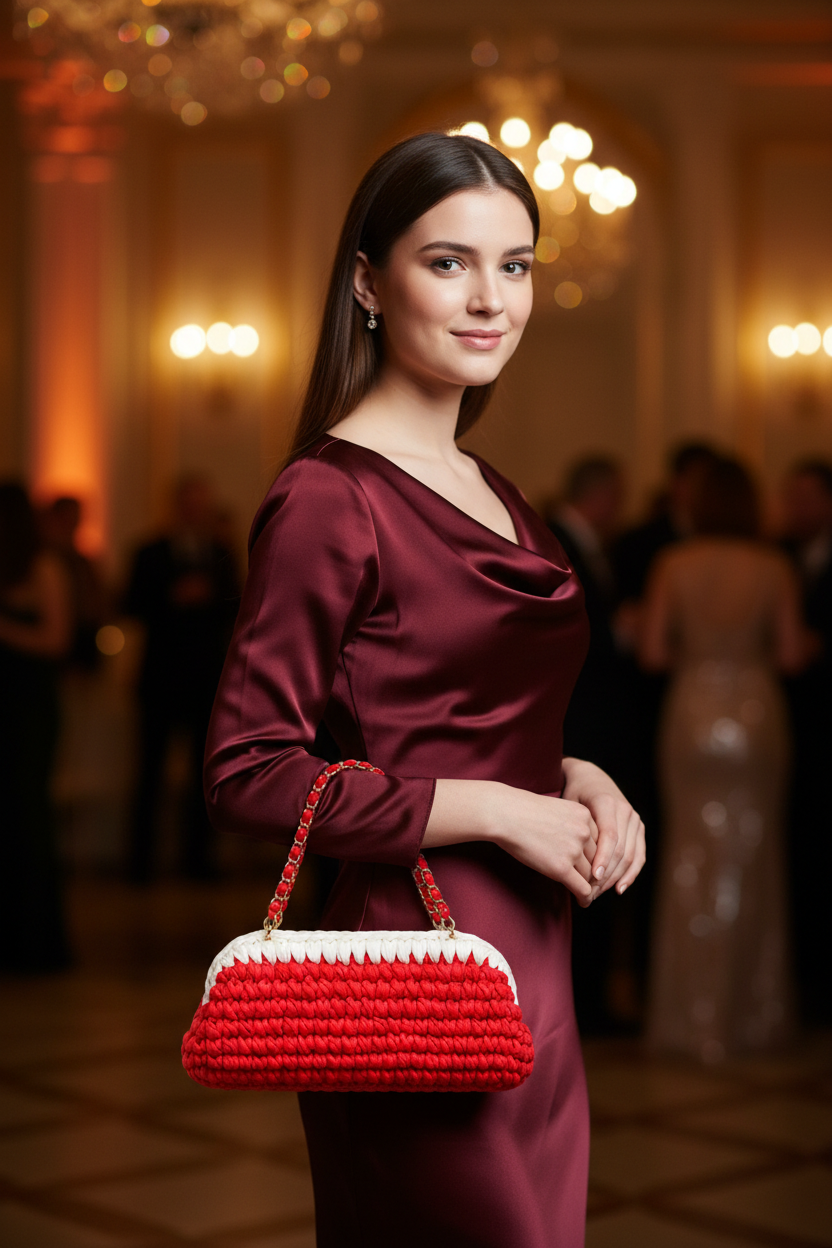 Woman in a party dress carrying the red and white crochet handbag