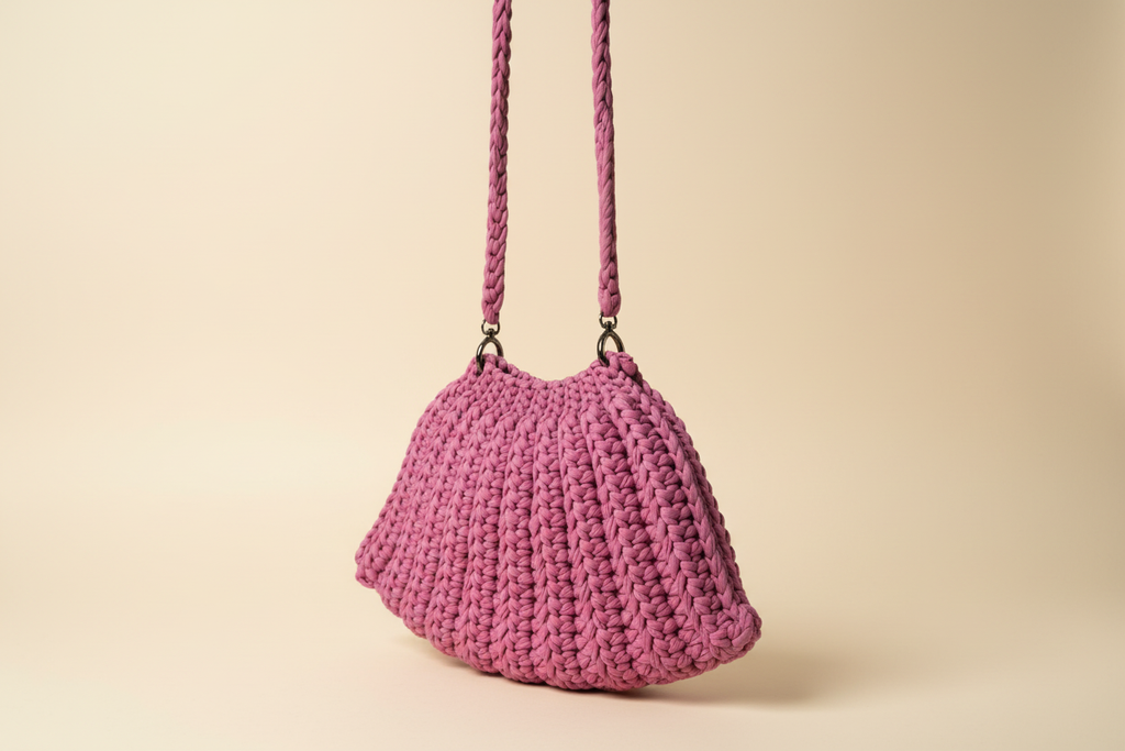 Three-quarter view of a rose-pink woven shoulder bag with a flared silhouette