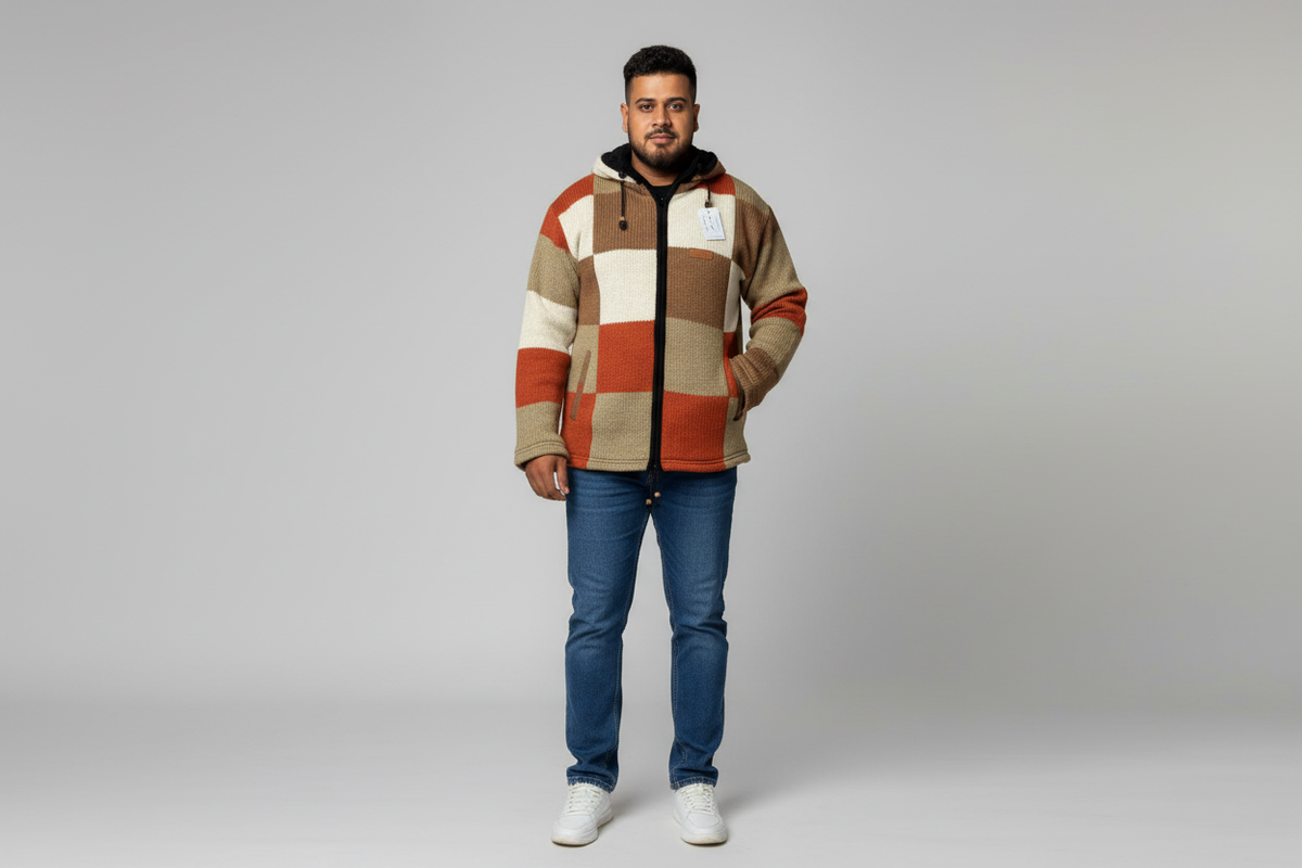 NZ wool jacket worn by a fashion model in a clean studio setting