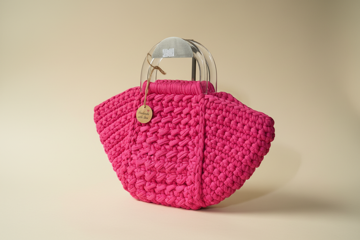 Front three-quarter view of a fuchsia shell-shaped woven handbag with clear top handles