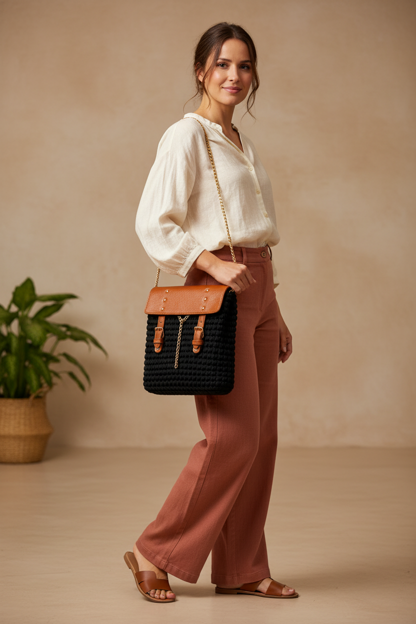 Model wearing the crochet and leather shoulder bag