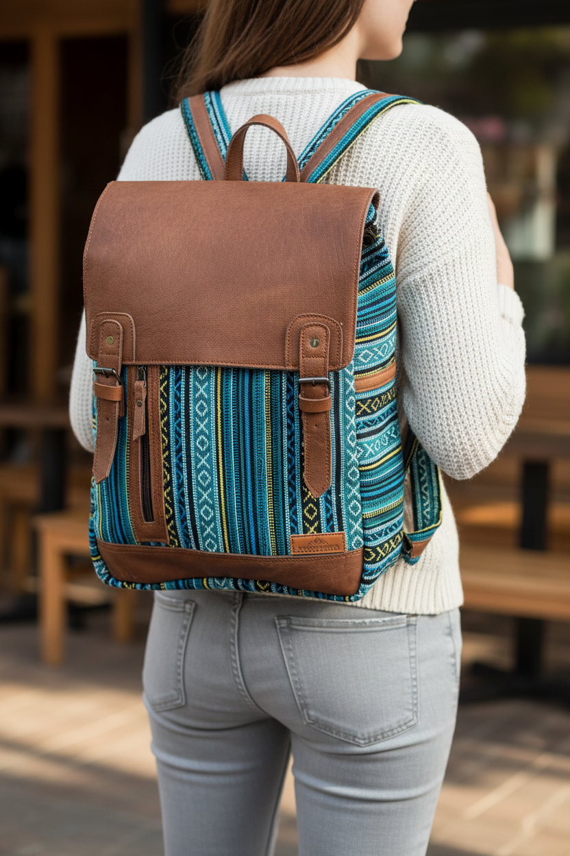 Model wearing the first colour-pattern backpack