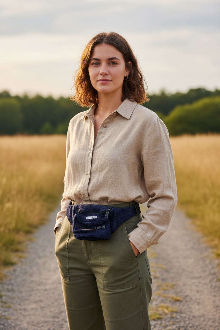 Model wearing the hemp bump bag