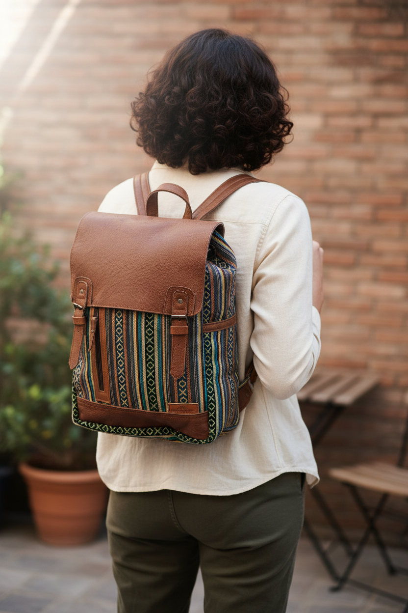 Model wearing the second colour-pattern backpack